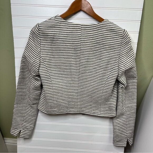 Womens Black & Light Cream Tweed Striped Crop Boxy Fit Blazer Suit Jacket Size 8 - Picture 3 of 15